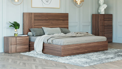 Asus Italian Walnut Matte Finish Platform Bed with High Headboard and Slatted Base