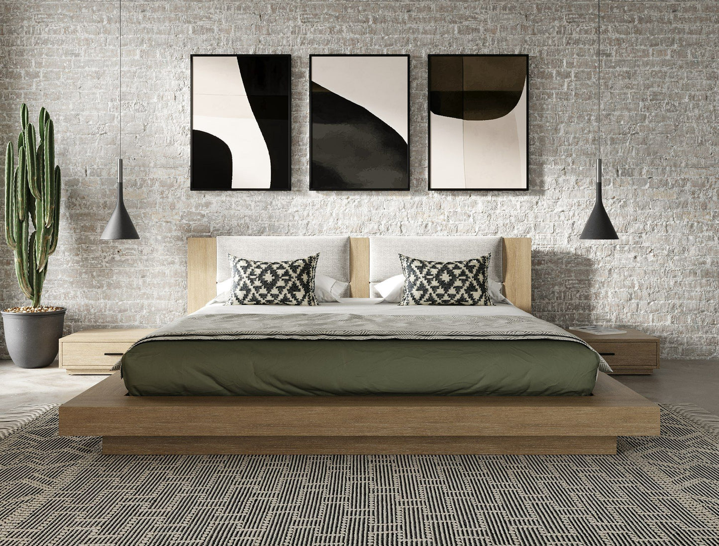 Fantasia Contemporary Walnut & Grey Bed with Two Nightstands
