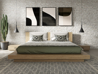 Fantasia Contemporary Walnut & Grey Bed with Two Nightstands