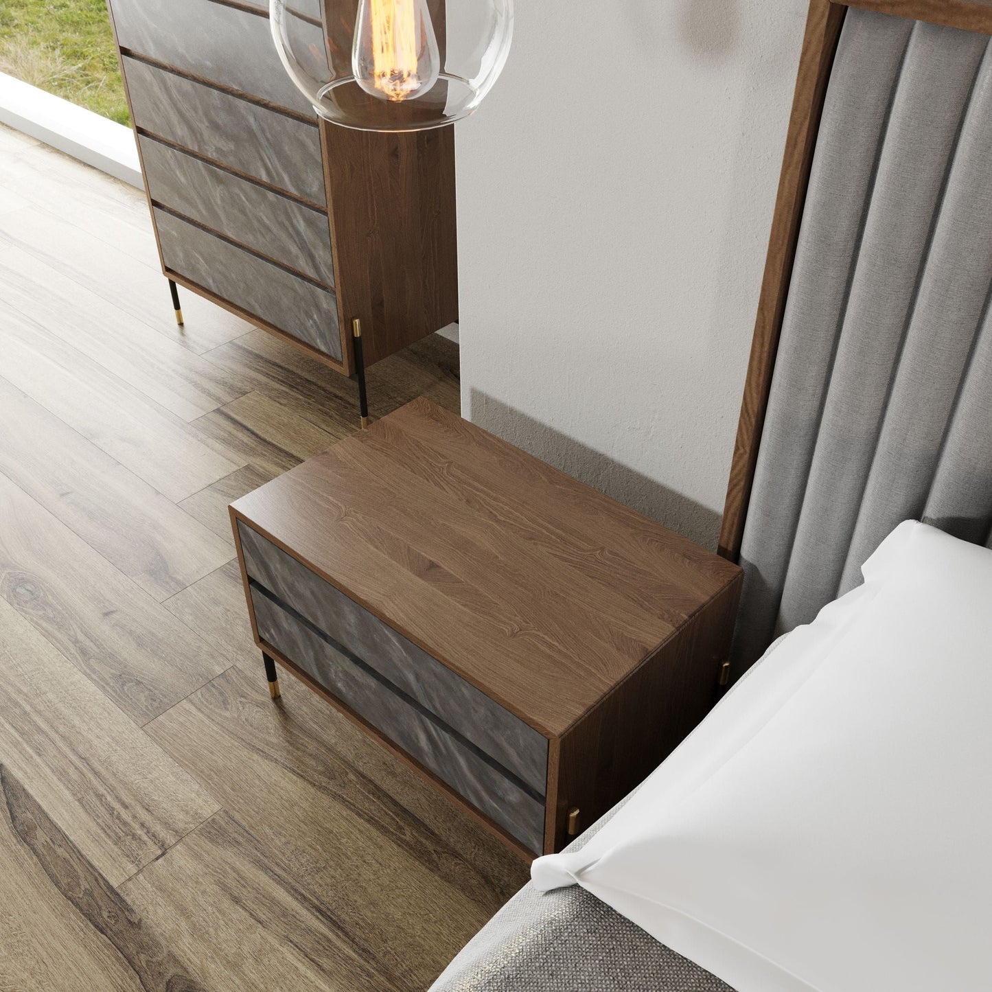 Metcalf Walnut and Grey Bedroom Set with Upholstered Bed