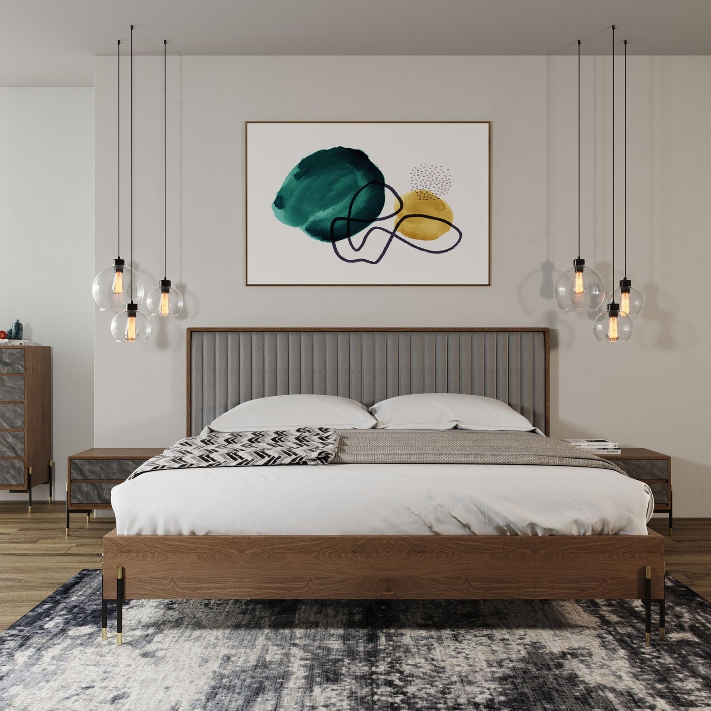 Metcalf Walnut and Grey Bedroom Set with Upholstered Bed