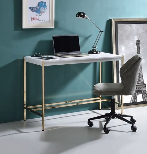 Midriaks Writing White & Gold Finish Desk W/USB