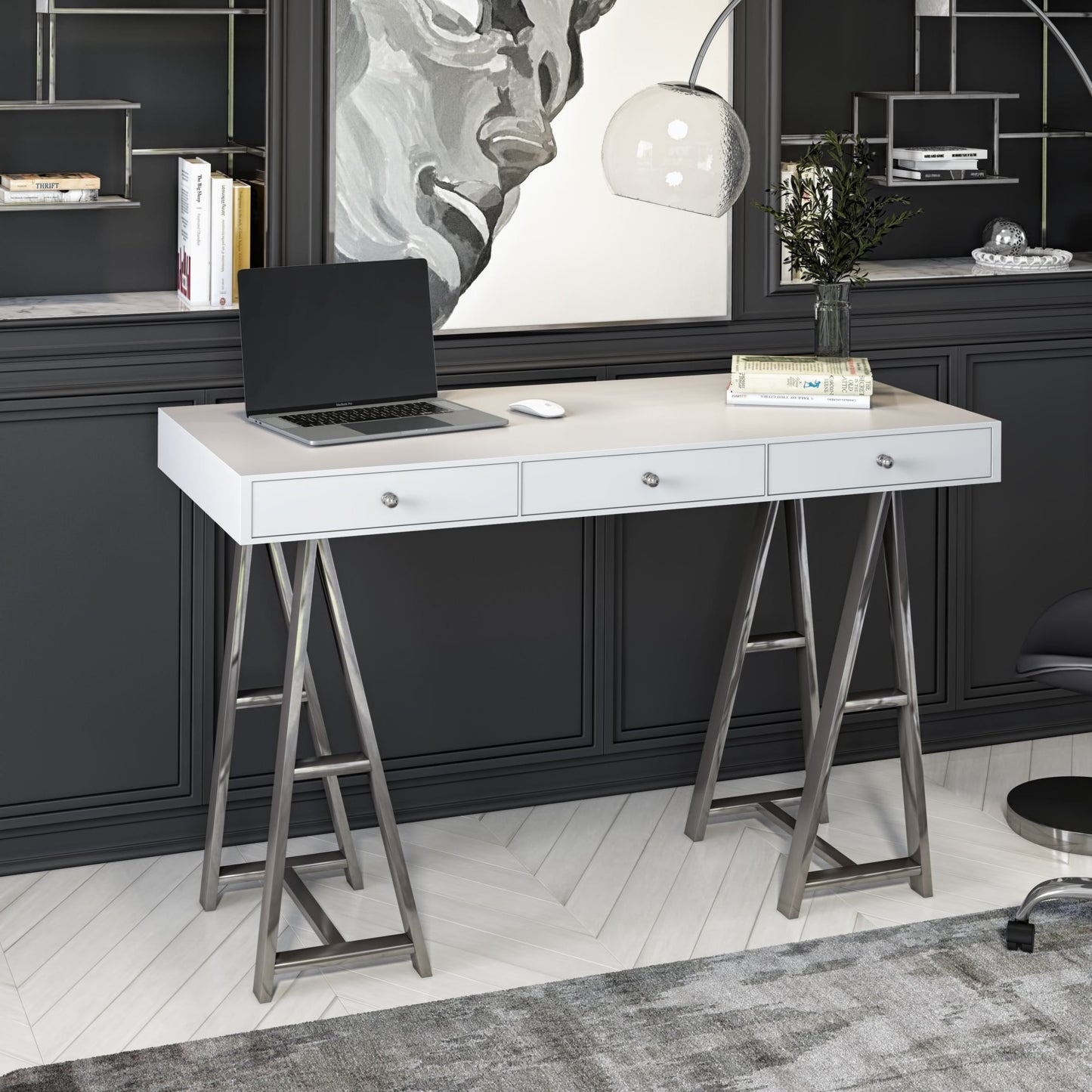 Ostrow White and Stainless Steel Rectangular Desk