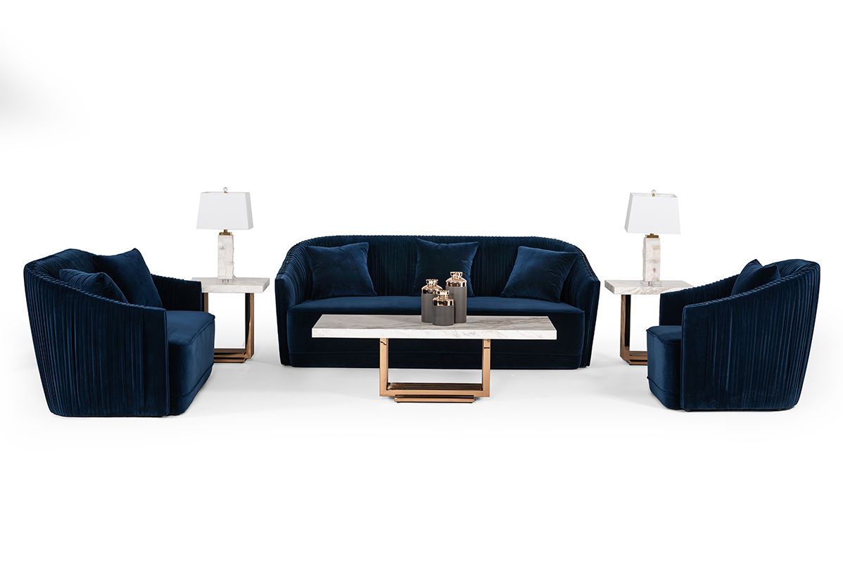 Divani Casa Palomar Modern Blue Velvet & Brass Sofa