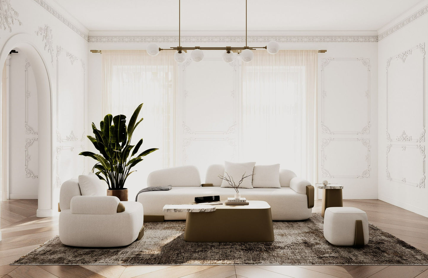 Yano Modern White Marble Antique Brass Coffee Table Set