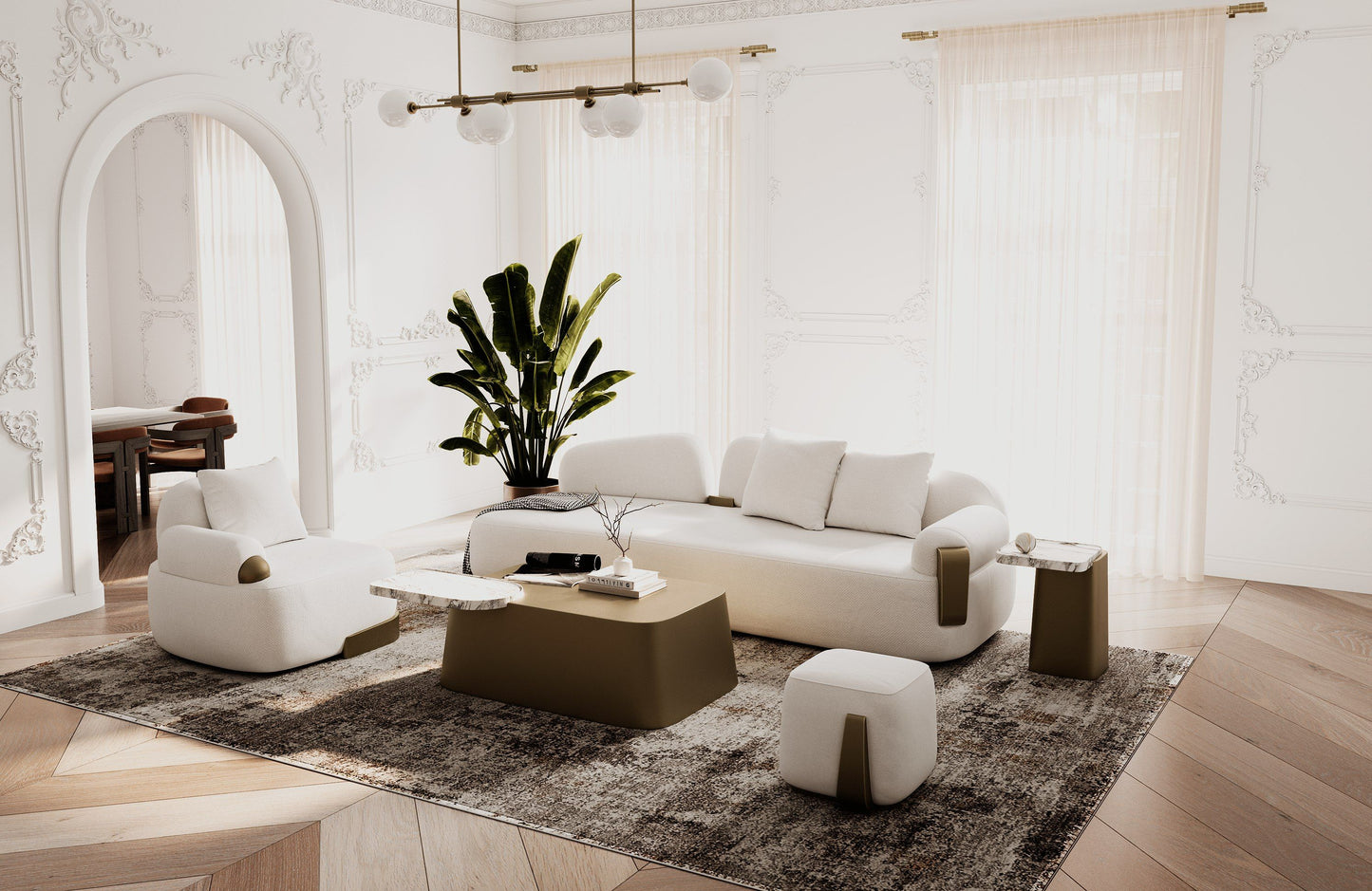 Yano Modern White Marble Antique Brass Coffee Table Set