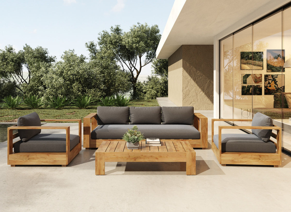 Santorini Outdoor Brown Olefin Fabric and Natural Teak Sofa Set
