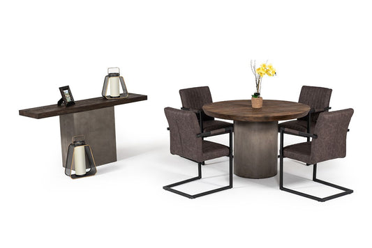 Modrest Renzo Modern Round Oak & Concrete Dining Table - Industrial Contemporary Dining Furniture