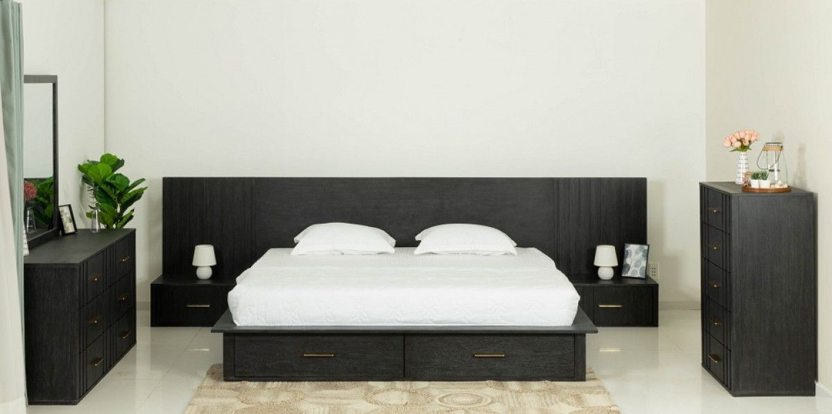 Modrest Manchester- Contemporary Platform Dark Grey Bed with Drawers
