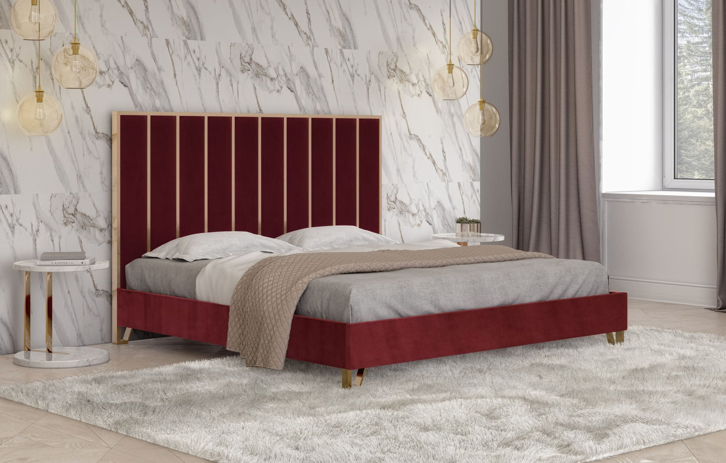 Reyes Red Velvet and Gold Eastern King Bed
