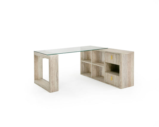 Nova Domus Roma Modern Glass and Faux Travertine Reversible Desk for Stylish and Versatile Workspaces