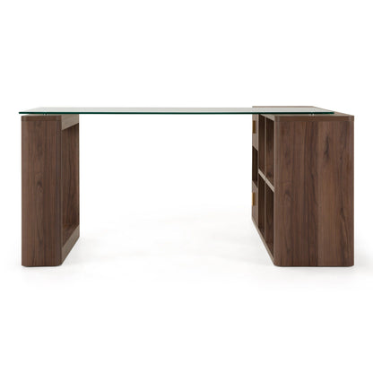 Roma Modern Glass and Walnut Reversible L‑Shape Desk