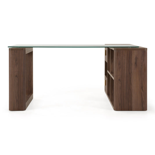 Roma Modern Glass and Walnut Reversible L‑Shape Desk