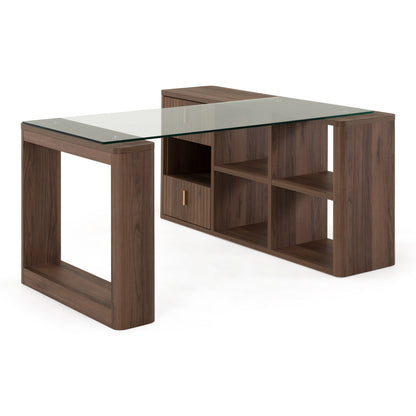 Roma Modern Glass and Walnut Reversible L‑Shape Desk
