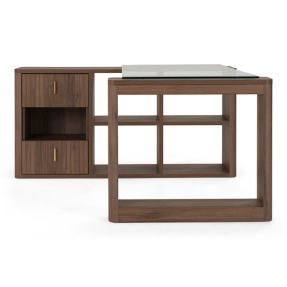 Roma Modern Glass and Walnut Reversible L‑Shape Desk