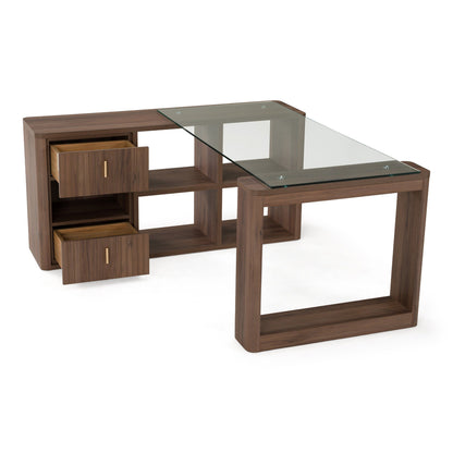 Roma Modern Glass and Walnut Reversible L‑Shape Desk