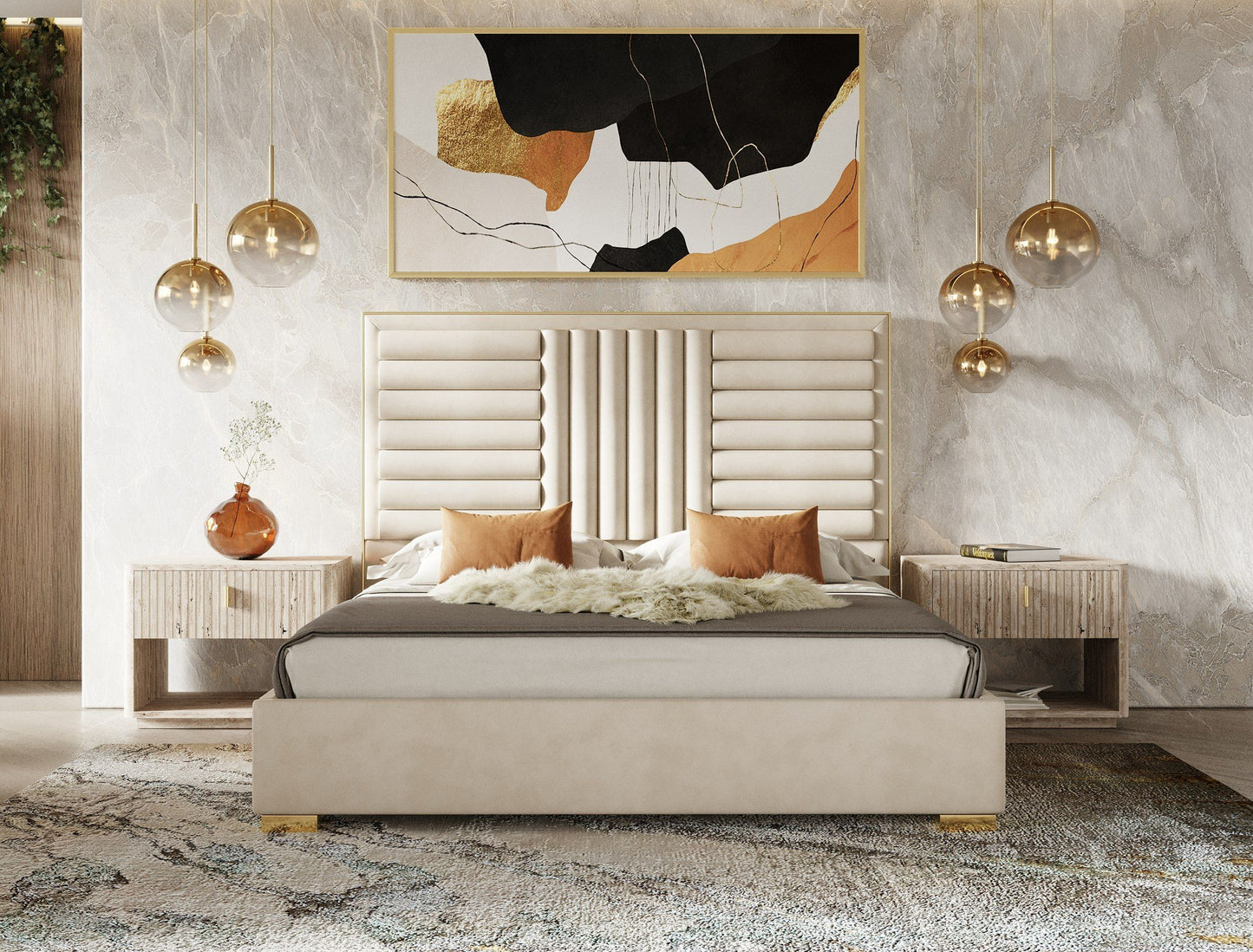 Nova Domus Daystar + Roma - Modern Beige Velvet + Travertine + Gold Bedroom Set