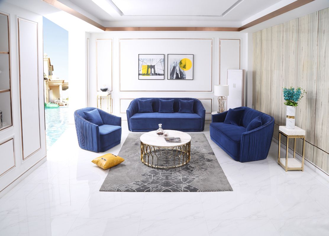 Divani Casa Palomar Modern Blue Velvet & Brass Sofa - Luxurious and Elegant Seating for Your Living Room