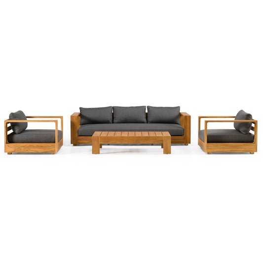 Santorini Outdoor Sofa Set – Grey Olefin Fabric & Natural Teak - Luxury Patio Furniture