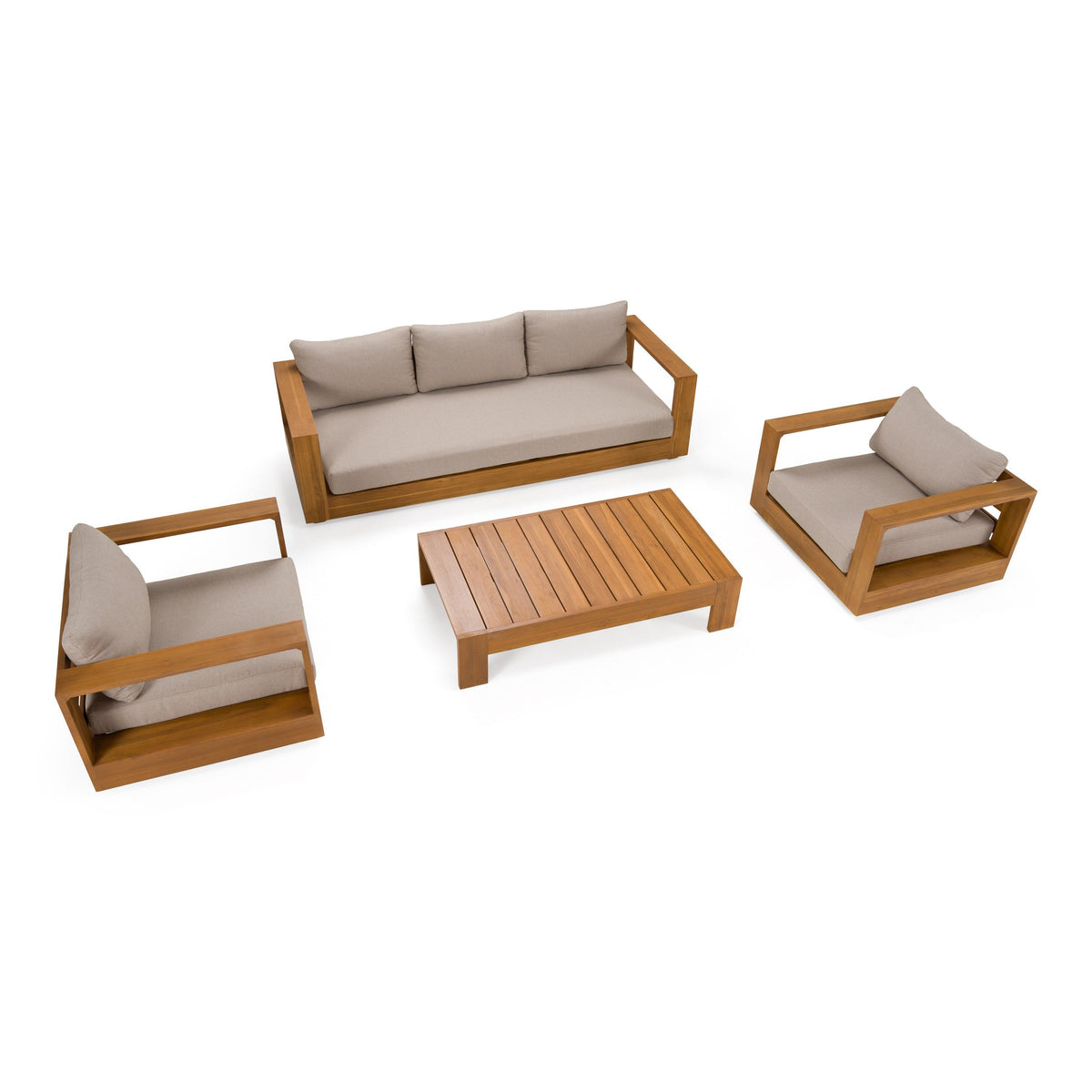 Santorini Outdoor Brown Olefin Fabric and Natural Teak Sofa Set