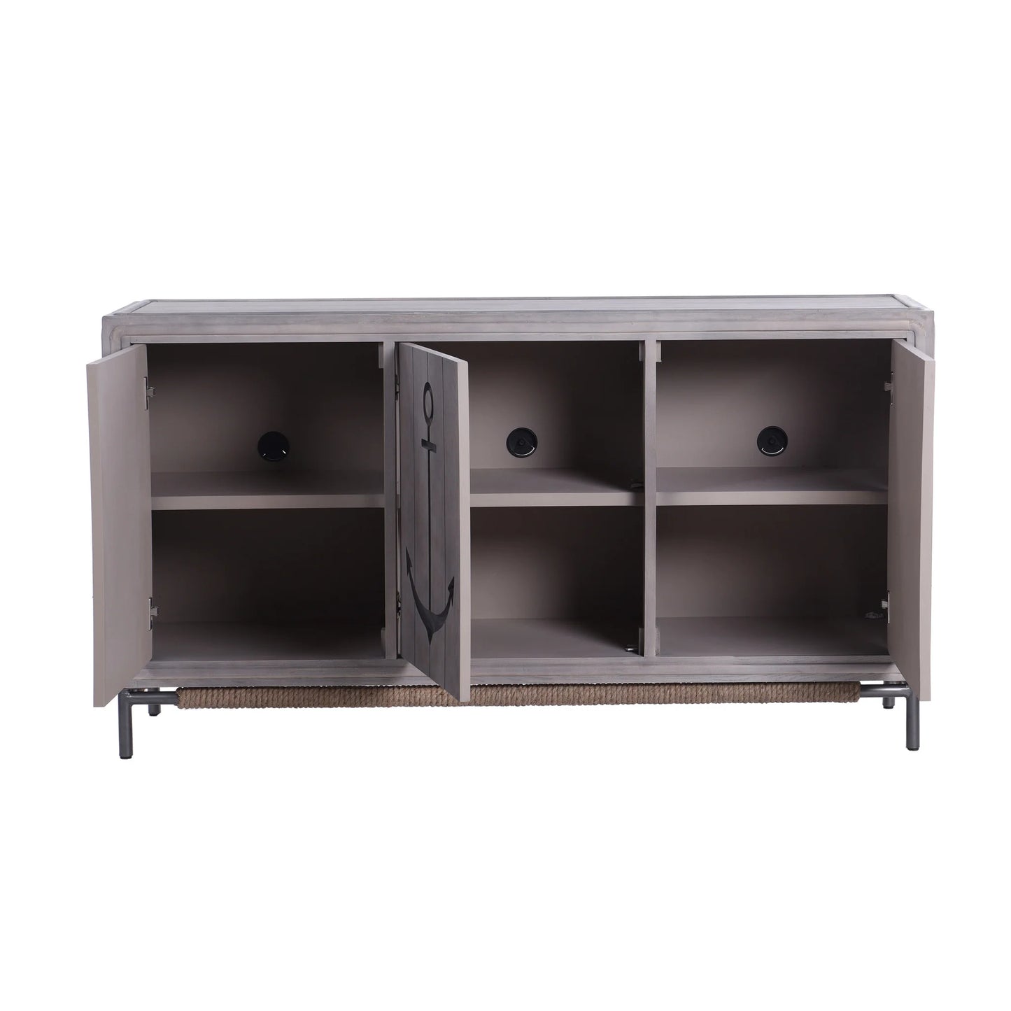 Anchor Sideboard Three Grey Wash Wood Paneled Doors with Metal Base Accent