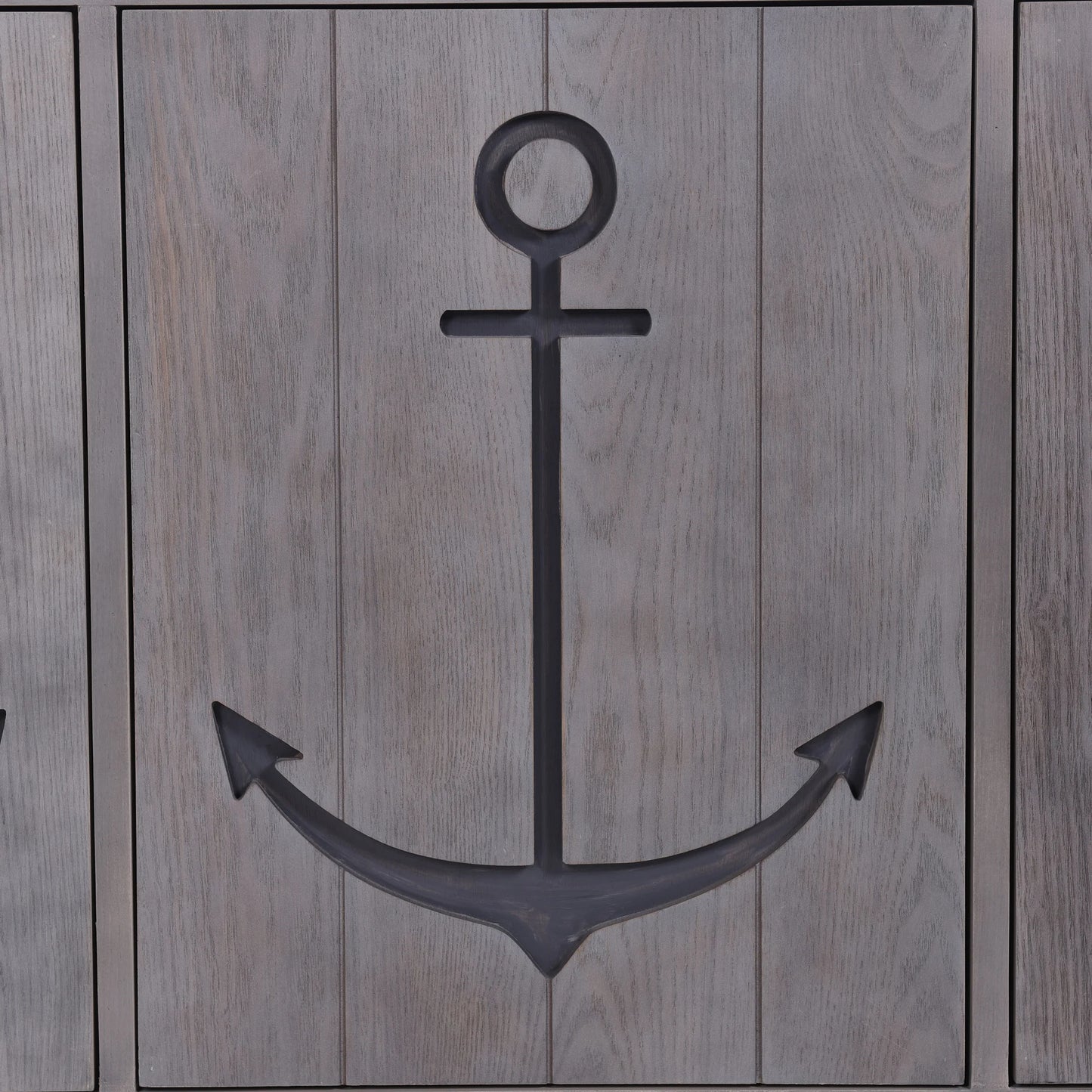 Anchor Sideboard Three Grey Wash Wood Paneled Doors with Metal Base Accent