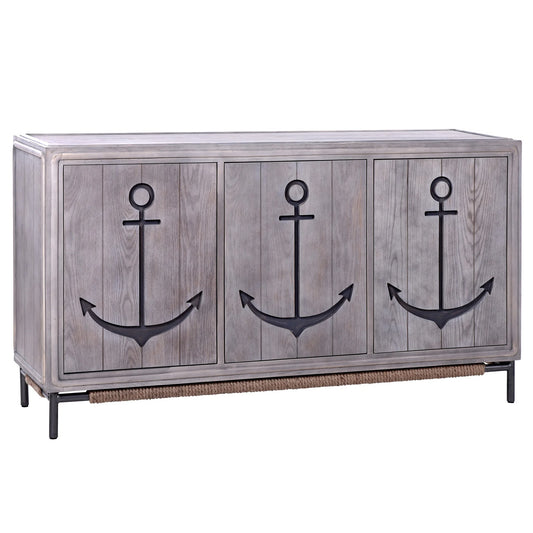 Anchor Sideboard Three Grey Wash Wood Paneled Doors with Metal Base Accent