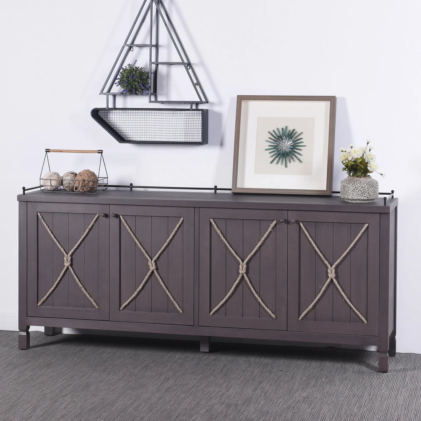 Knotted Sideboard Four Paneled Doors with Rope Tie and Metal Accents