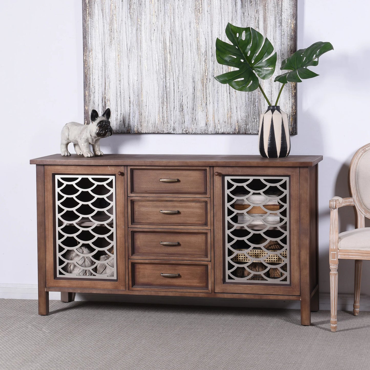 Scallop Sideboard Four Drawer and Two Door Silver and Natural Wood Finish