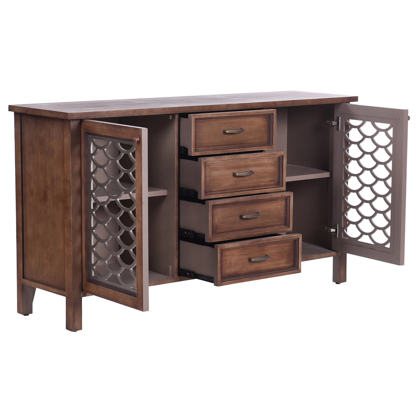 Scallop Sideboard Four Drawer and Two Door Silver and Natural Wood Finish