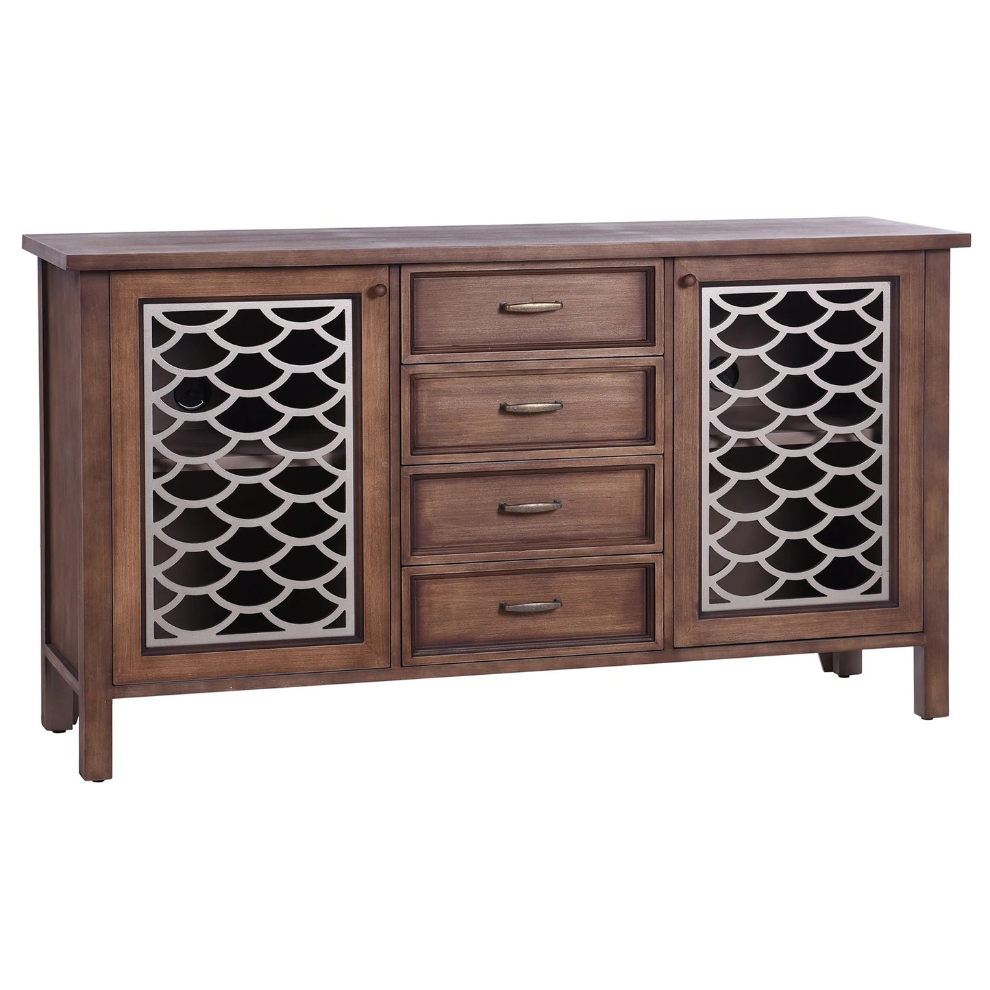 Scallop Sideboard Four Drawer and Two Door Silver and Natural Wood Finish