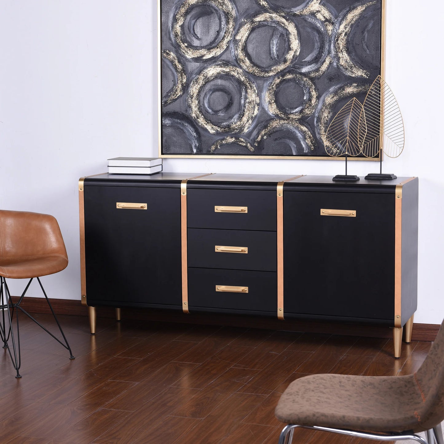 Trunk Sideboard Three Drawer and Two Door Sideboard in Matte Black Metal