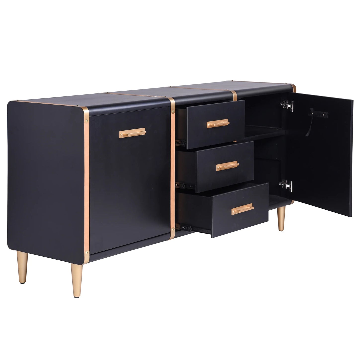 Trunk Sideboard Three Drawer and Two Door Sideboard in Matte Black Metal