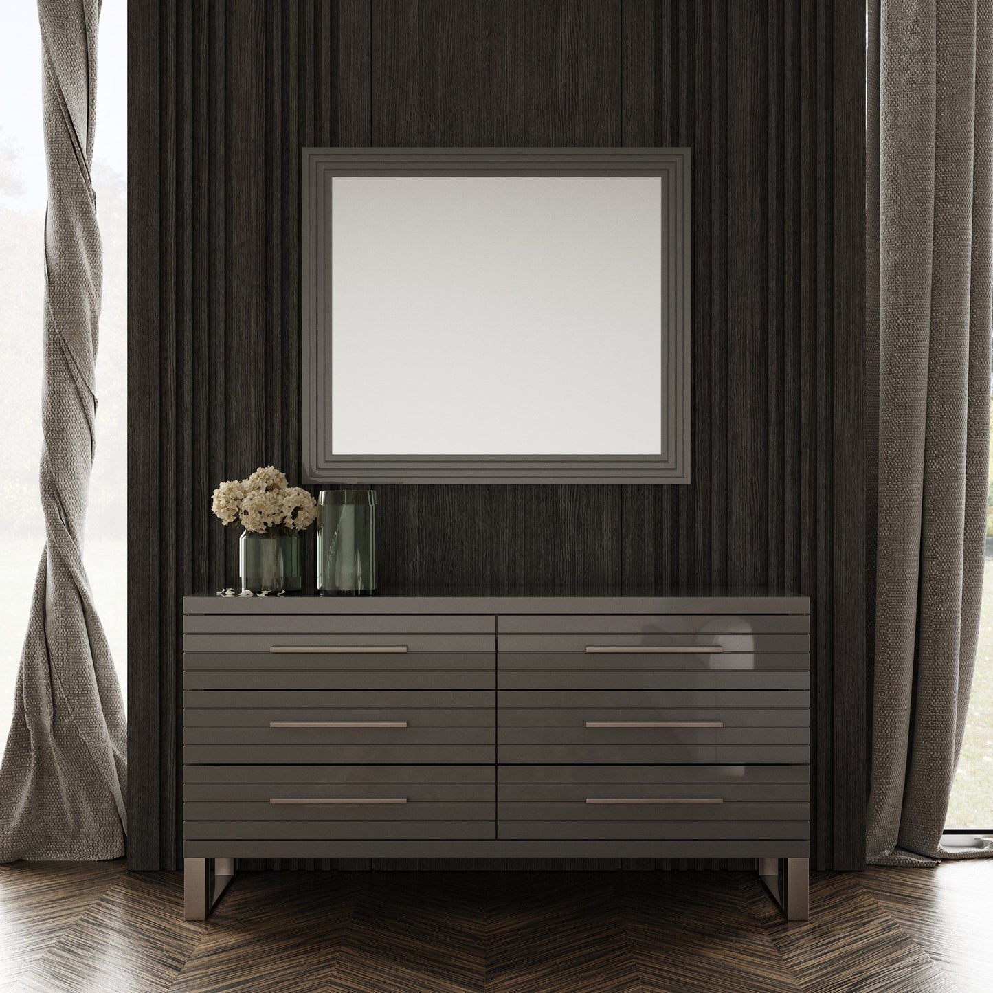Splendor Grey High Gloss Slatted Six-Drawer Dresser