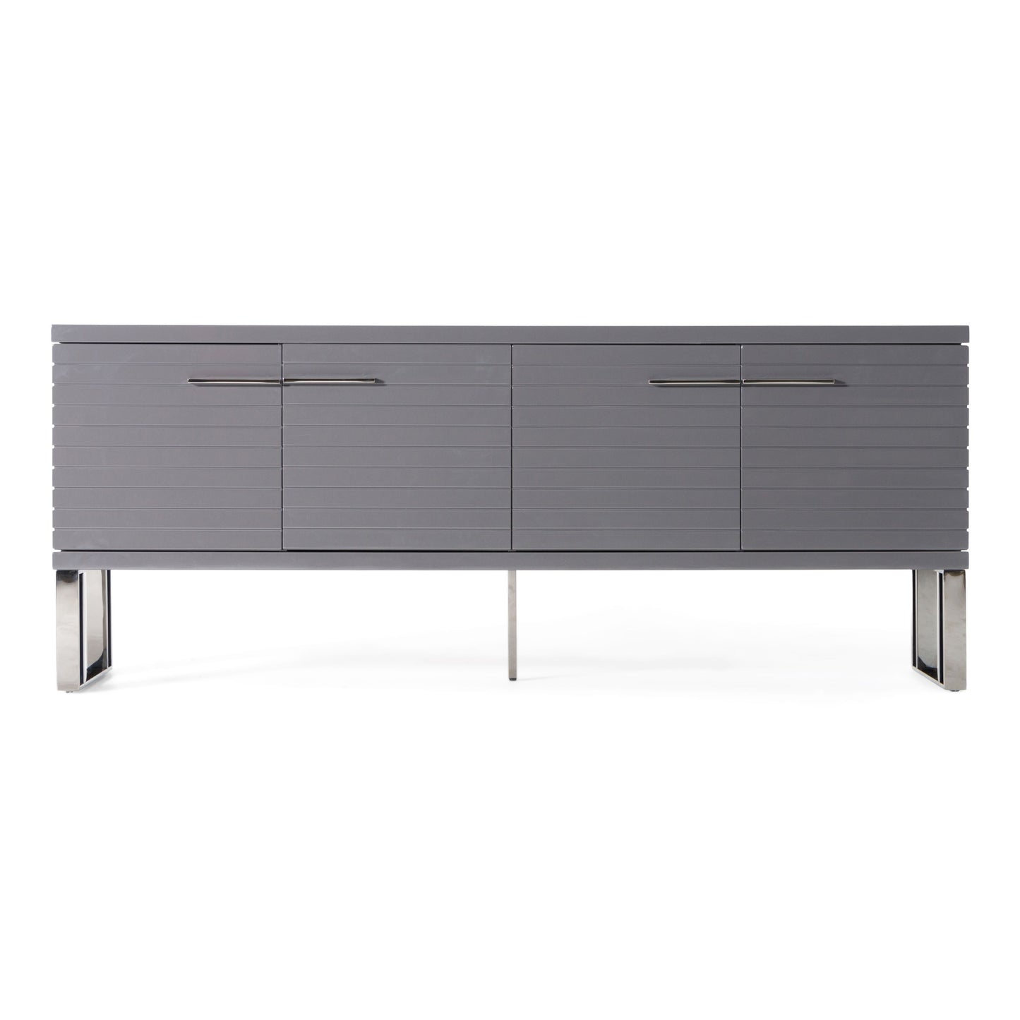 Splendor Grey High Gloss Slatted Four‑Door Buffet with Gunmetal Accents