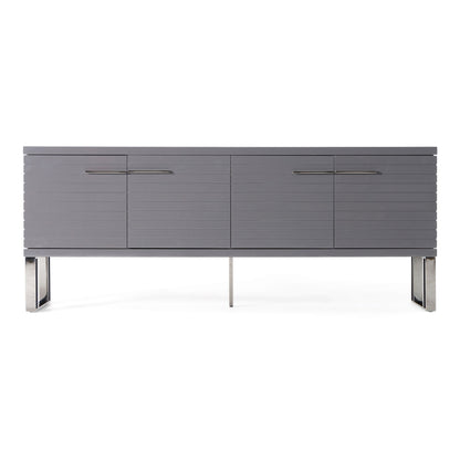 Splendor Grey High Gloss Slatted Four‑Door Buffet with Gunmetal Accents