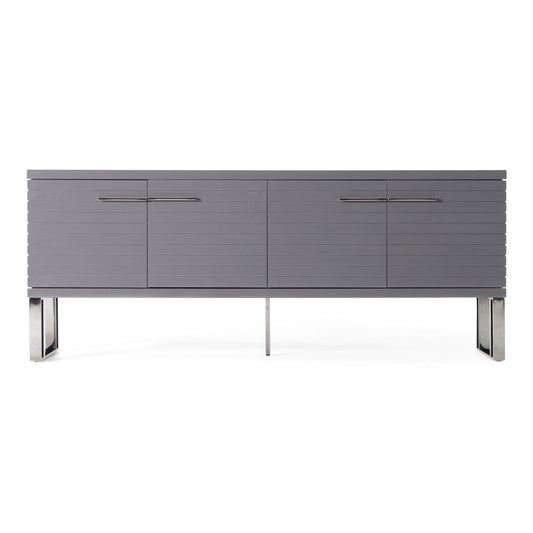 Splendor Grey High Gloss Slatted Four‑Door Buffet with Gunmetal Accents