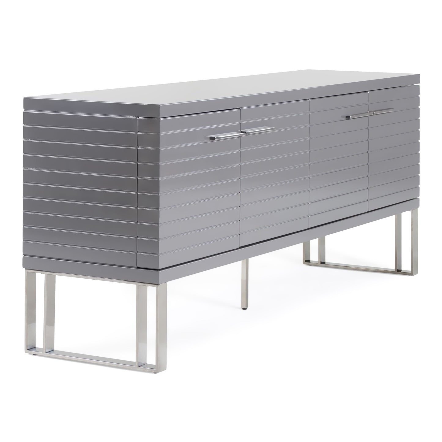 Splendor Grey High Gloss Slatted Four‑Door Buffet with Gunmetal Accents