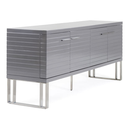 Splendor Grey High Gloss Slatted Four‑Door Buffet with Gunmetal Accents
