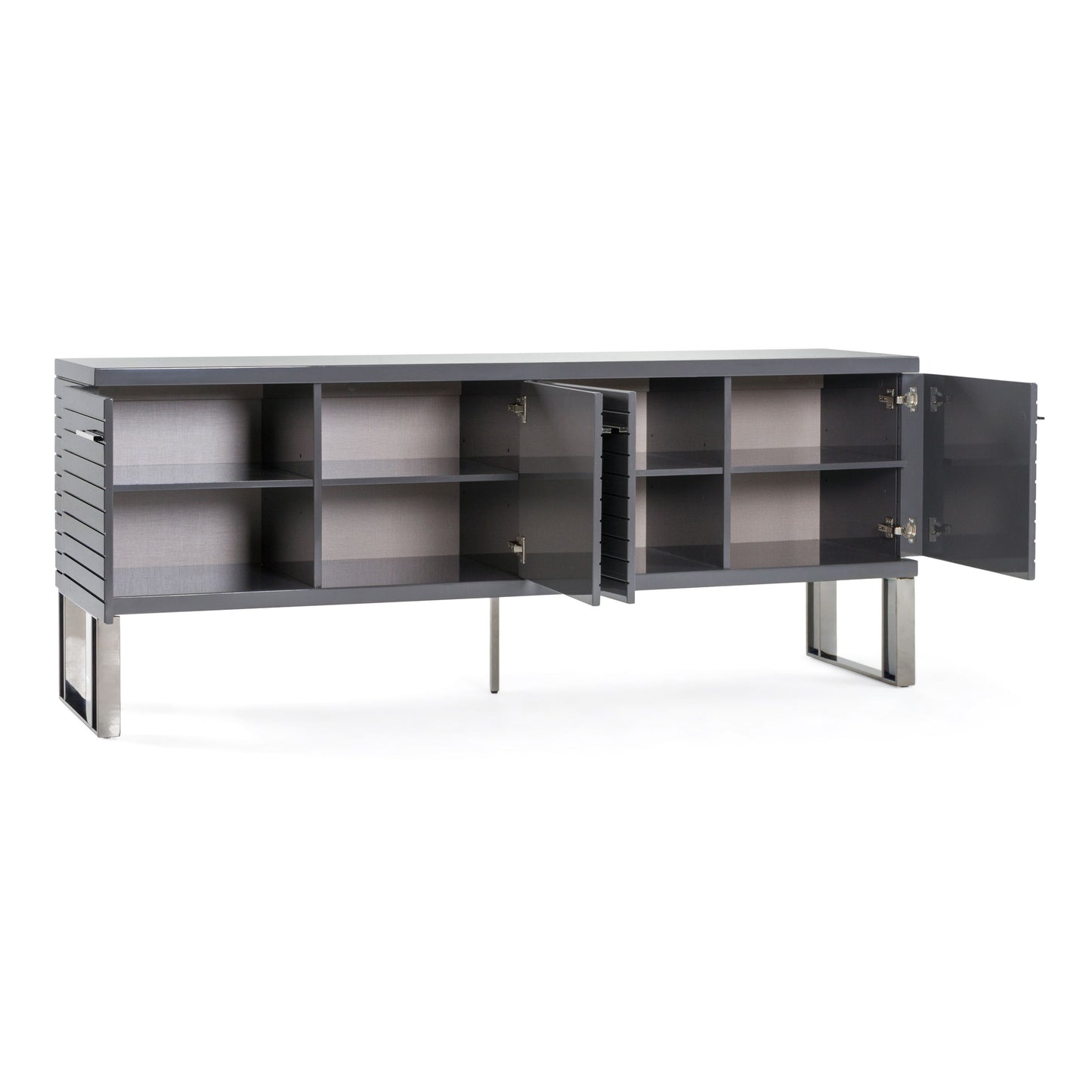 Splendor Grey High Gloss Slatted Four‑Door Buffet with Gunmetal Accents