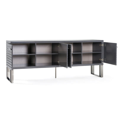 Splendor Grey High Gloss Slatted Four‑Door Buffet with Gunmetal Accents