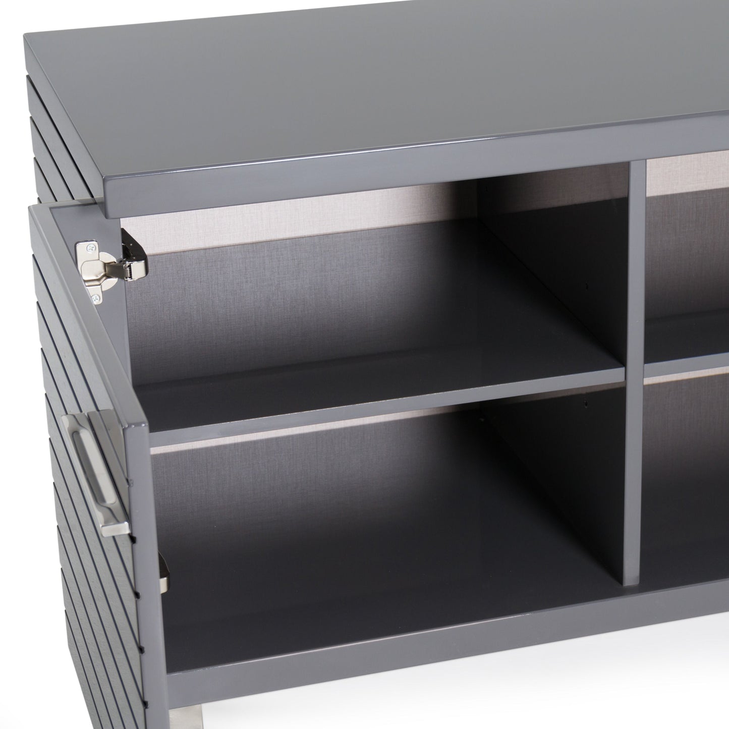 Splendor Grey High Gloss Slatted Four‑Door Buffet with Gunmetal Accents