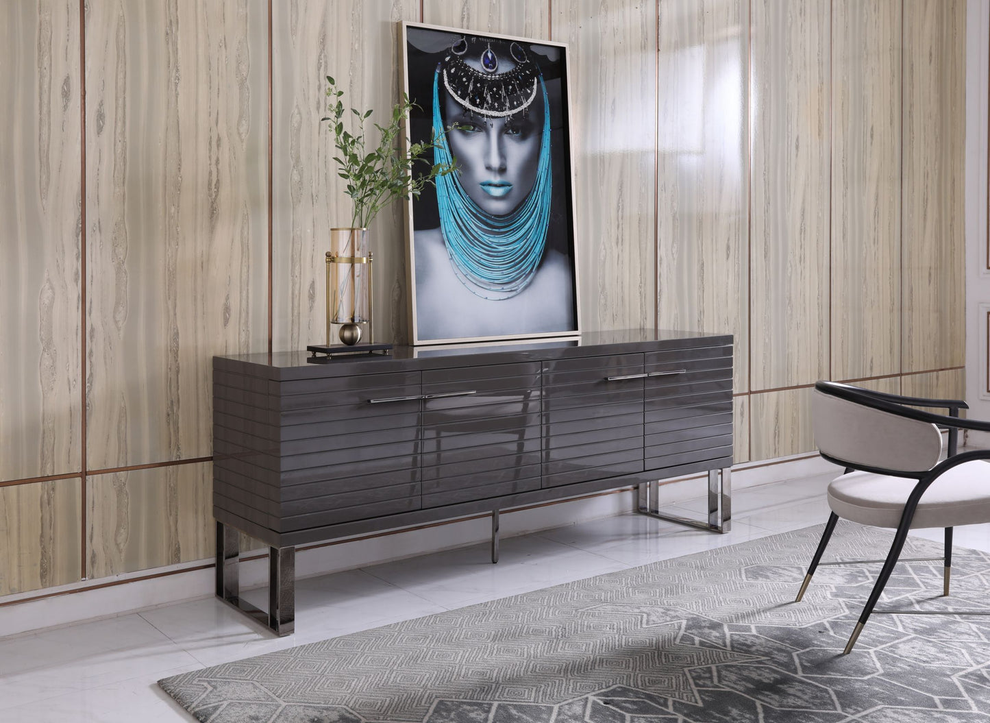 Splendor Grey High Gloss Slatted Four‑Door Buffet with Gunmetal Accents
