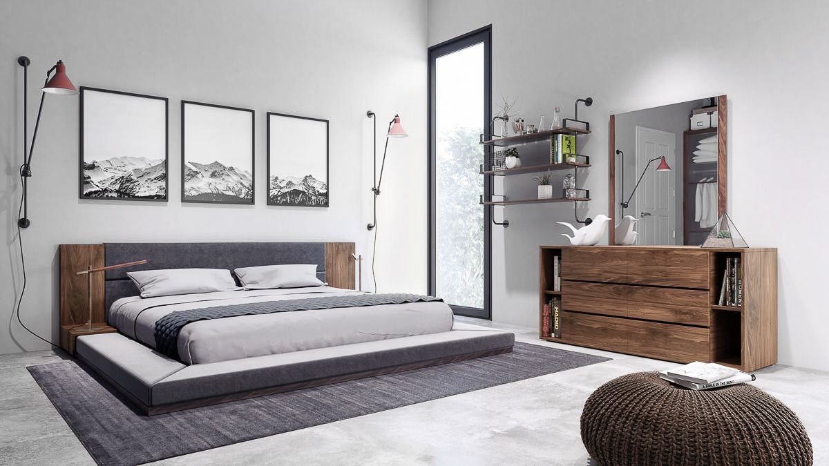 Jagger Dark Grey Fabric and Walnut Bedroom Set 5 Piece