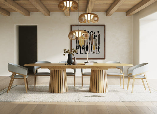 Modrest Truman Natural Oak Extendable Dining Table Set – Mid-Century Modern with 6 Chairs