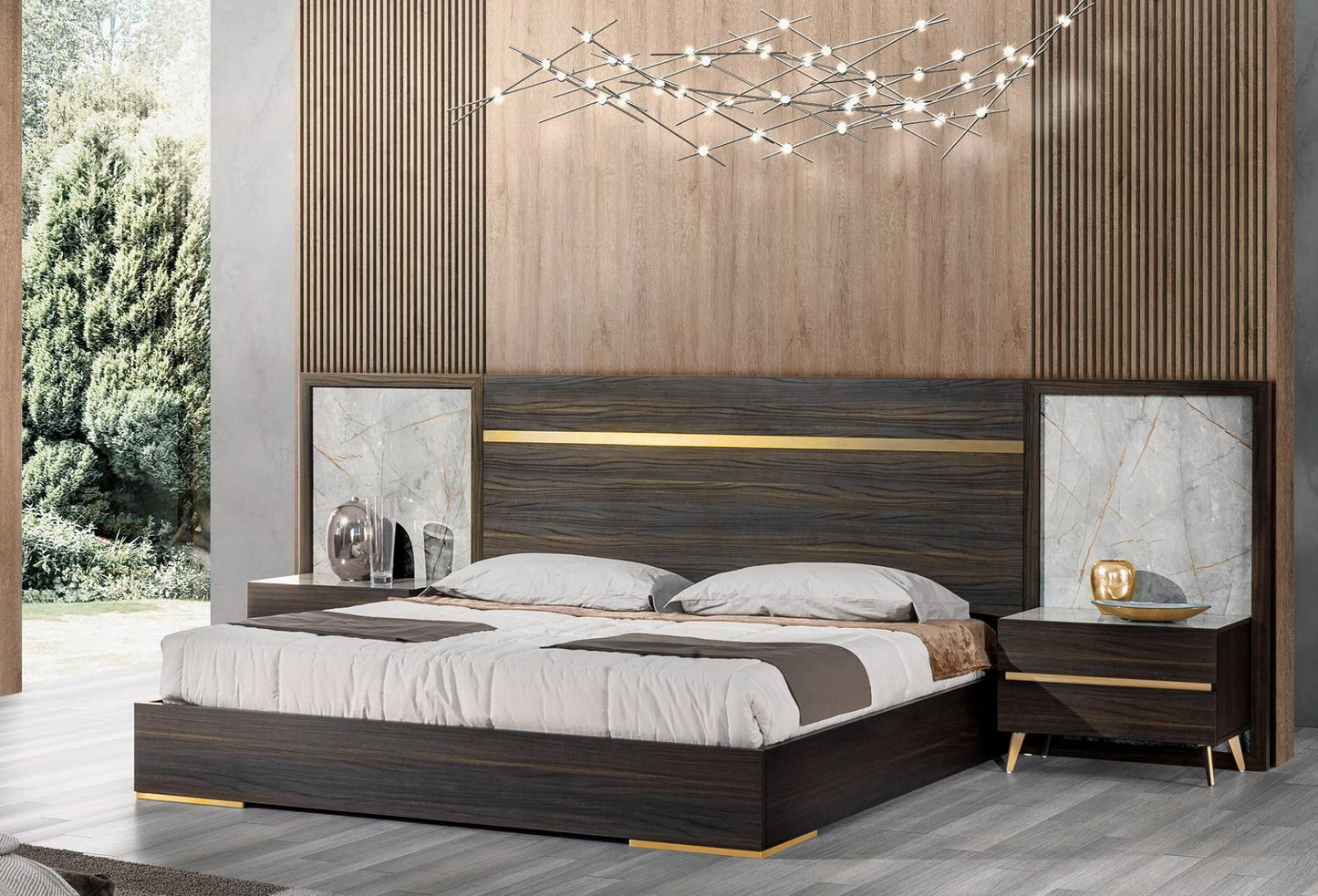 Nova Domus Velondra - Modern Eucalypto + Marble Bed with Two Nightstands