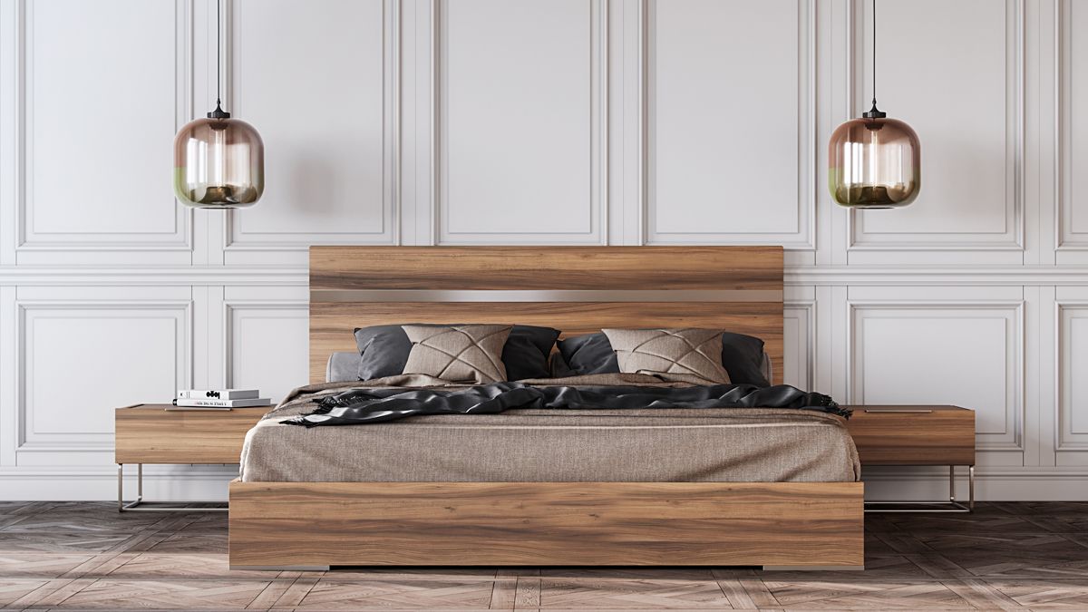 Lorenzo Light Oak Platform Bed with Stainless Steel Accents