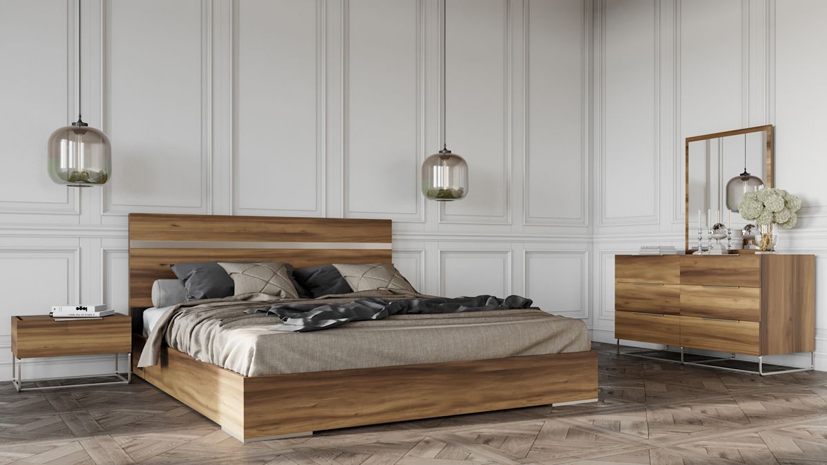 Lorenzo Light Oak Platform Bed with Stainless Steel Accents