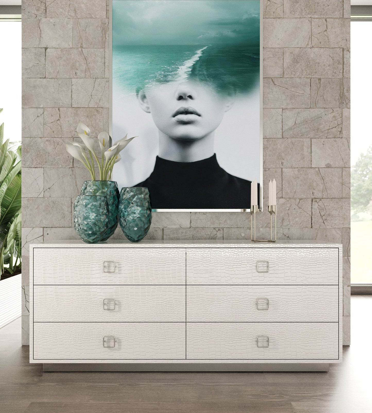 Victoria White Crocodile Six-Drawer Dresser