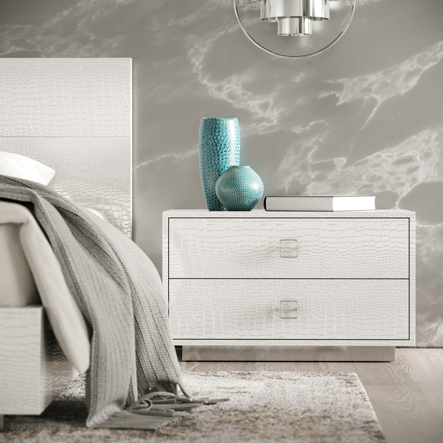 A&X Ovidius + Victoria - Modern White Crocodile Lacquer Bedroom Set